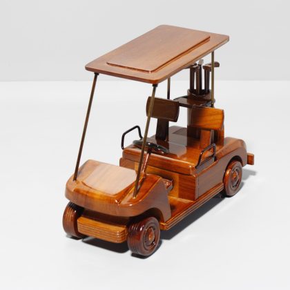Hand Carved Mahogany Golf Cart Sculpture, Luxury Wooden Utility Cart Display Model