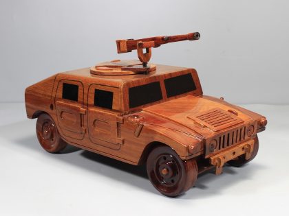 Museum Grade Hand Carved Mahogany Armored Off Road Vehicle Sculpture with Turret Detail, Luxury Wooden Military Model