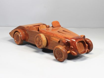 Hand Carved Mahogany Vintage Roadster Sculpture, Luxury Wooden Classic Car Display Model