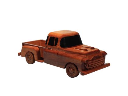 Hand Carved Mahogany Vintage Pickup Truck Sculpture, Luxury Wooden Classic Utility Truck Display Model