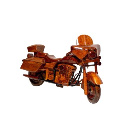 Hand Carved Mahogany Touring Motorcycle Sculpture with Saddlebags, Luxury Wooden Cruiser Display Model