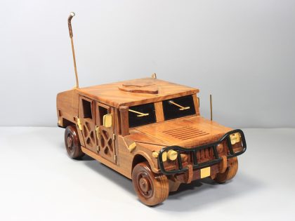 Hand Carved Mahogany Military Utility Vehicle Sculpture, Luxury Wooden Tactical Truck Display Model