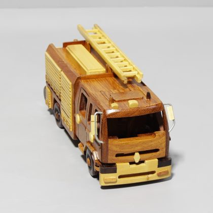 Hand Carved Wooden Fire Truck Sculpture with Ladder, Luxury Emergency Vehicle Display Model