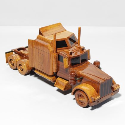 Hand Carved Wooden Semi Truck Tractor Sculpture, Luxury Heavy Duty Transport Display Model