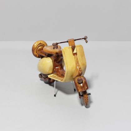 Hand Carved Mahogany Vintage Scooter Sculpture with Two Tone Finish, Luxury Wooden Vespa Style Display Model