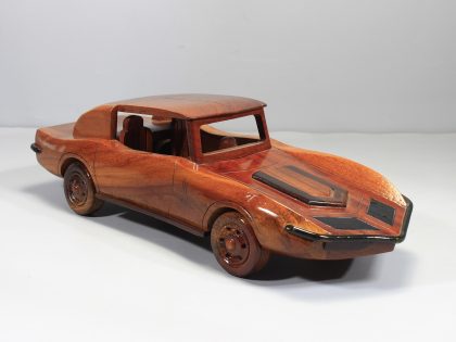 Hand Carved Mahogany Vintage Sports Coupe Sculpture, Luxury Wooden Classic Car Display Model